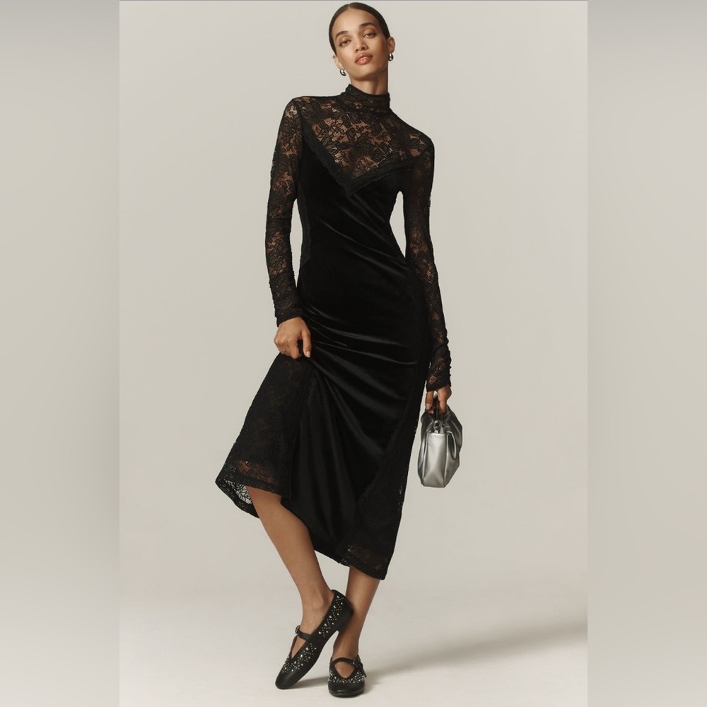 ✨ Anthropologie Long-Sleeve Mock-Neck Lace Velvet Slip Midi Dress Sz M